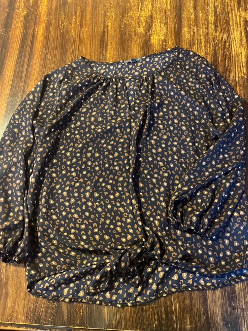 West Kei Navy and Tan Leopard Tie-Front Blouse